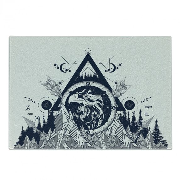 Tribal Cutting Board, Eagle with Forest and Mountains Astrological Design, Decorative Tempered Glass Cutting and Serving Board, Small Size, Dark Blue Off White, by Ambesonne