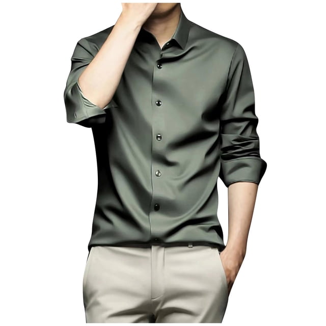 RXIRUCGD Chemise à Manches Longues pour Homme Col Rabattu Couleur Unie Bouton Chemise Imitation Soie, Vert Armée, Taille : 3TG