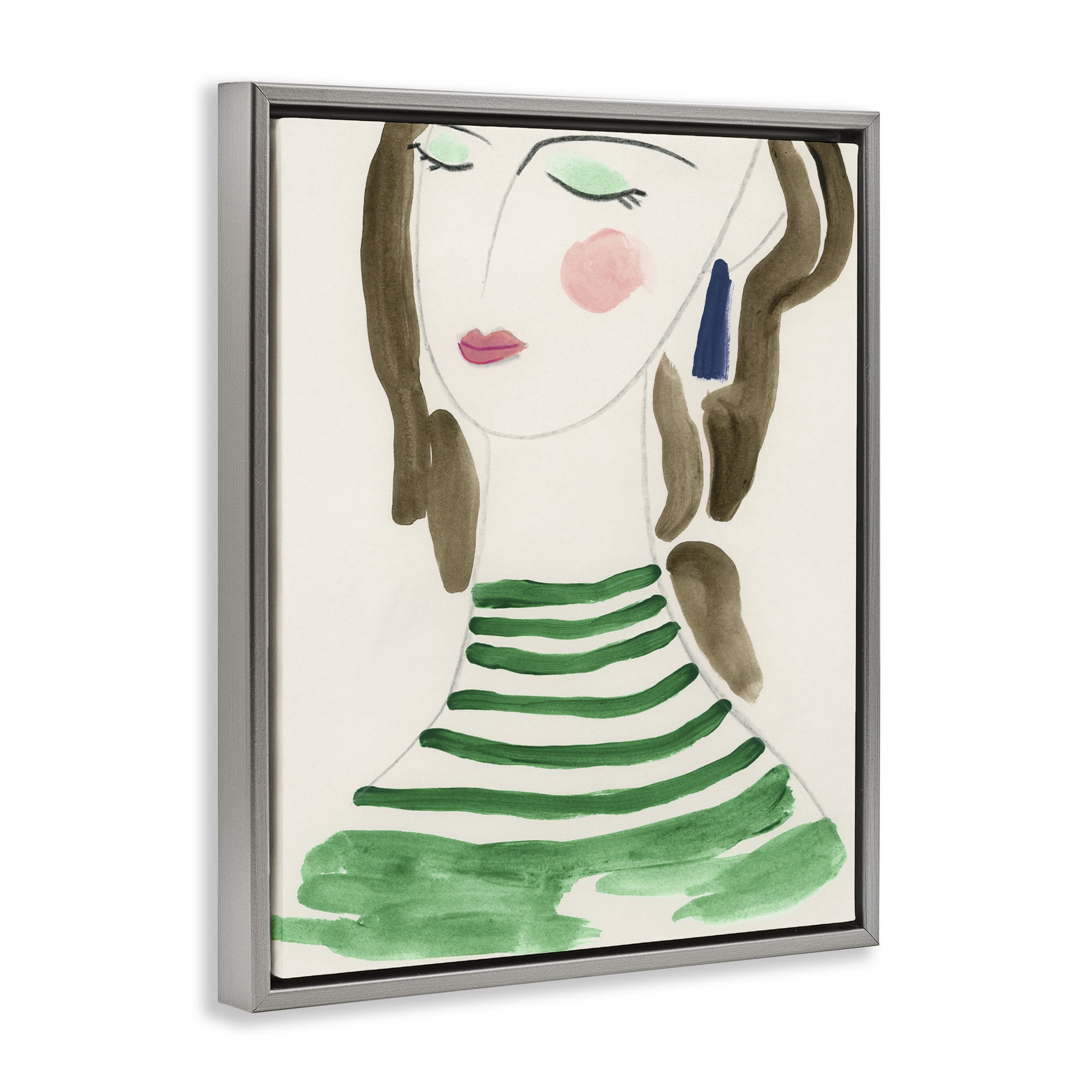 Stupell Industries Woman in Green Stripes People Painting Gray Floater Framed Canvas Art Print Wall Art, 17 x 21