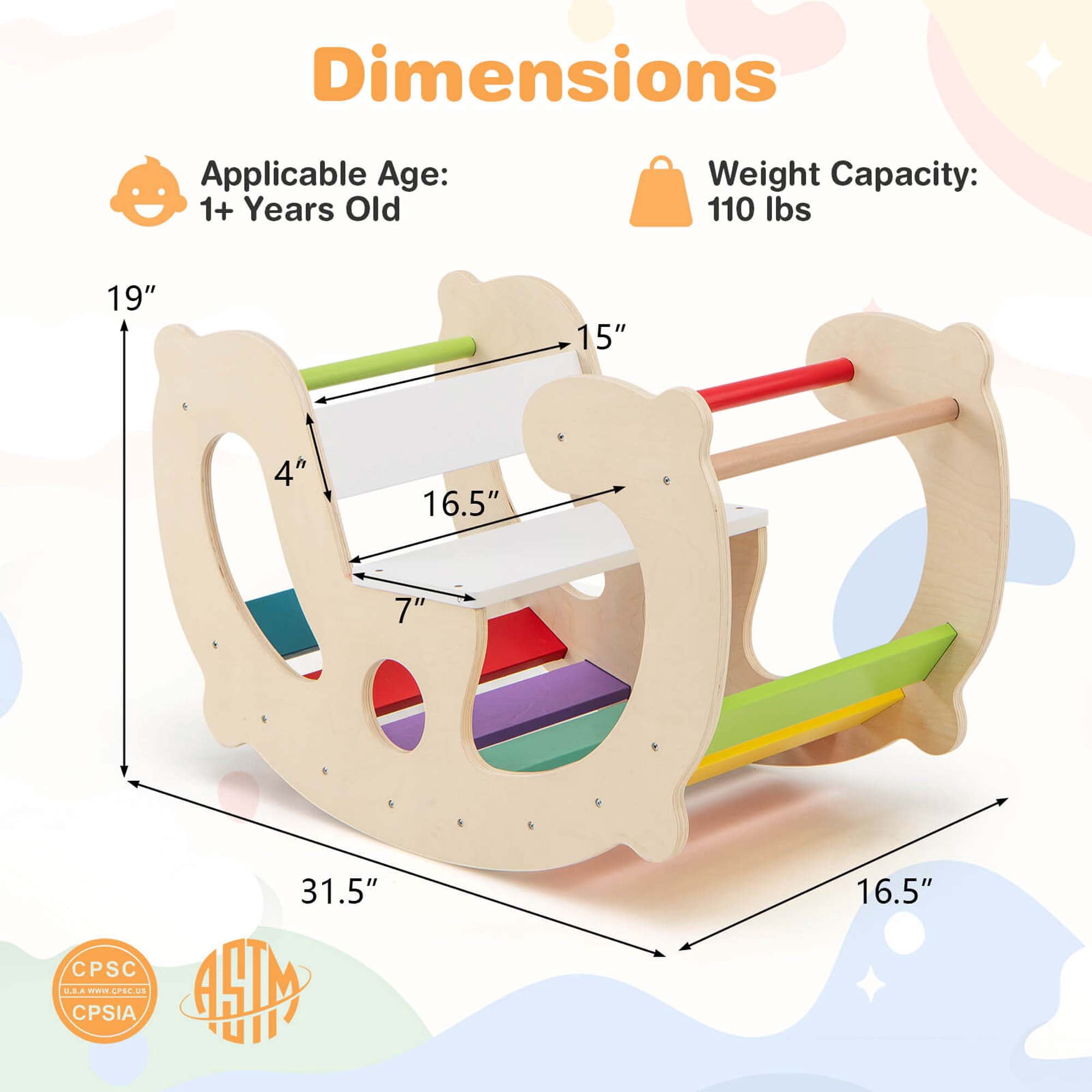 Costway 2-in-1 Rocking Horse Arch for Kids Montessori Climbing Toys with Rocker Multi-color