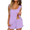 thumbnail image 3 of Jinhomg Womens Casual Summer Pajamas 2 Piece Cute Ruffle Hem Lounge Sets Loose Fit Comfy Sleeveless Tank Tops with Drawstring Waist Shorts Lightweight Home Sleepwear Purple XL, 3 of 8