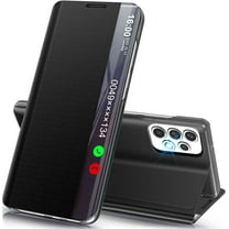 Phone Case for Samsung Galaxy A53 5G Case, Smart Clear View Window Luxury Slim Mirror for Galaxy A53 Case with Kickstand, Leather Hard PC Flip Shockproof Protective Cover Samsung A53 Case, Black