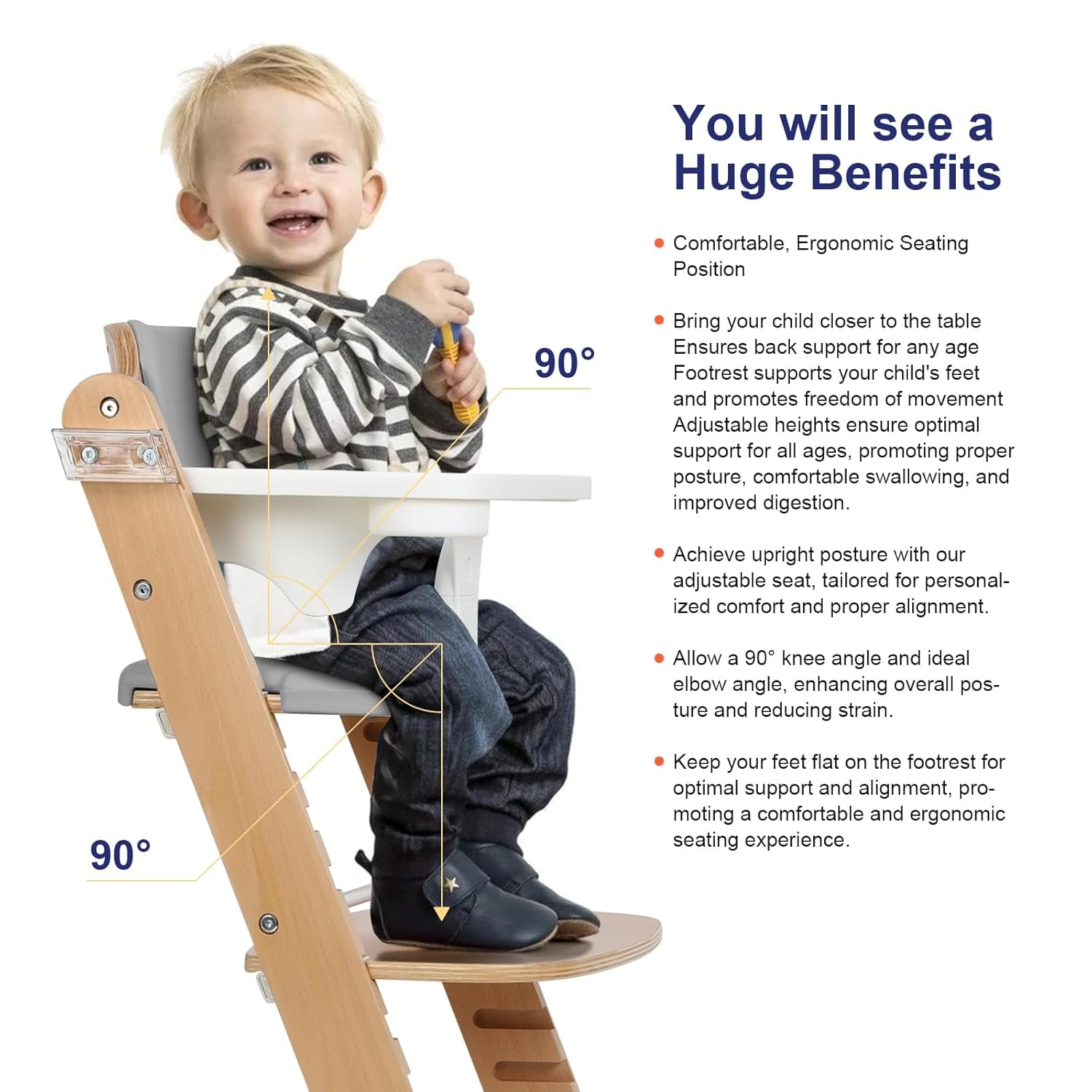 Cowiewie Wooden High Chair with 3 Tray, Toddler Feeding High Chair, 8 Height Adjustments, with Gray Cushion and Harness