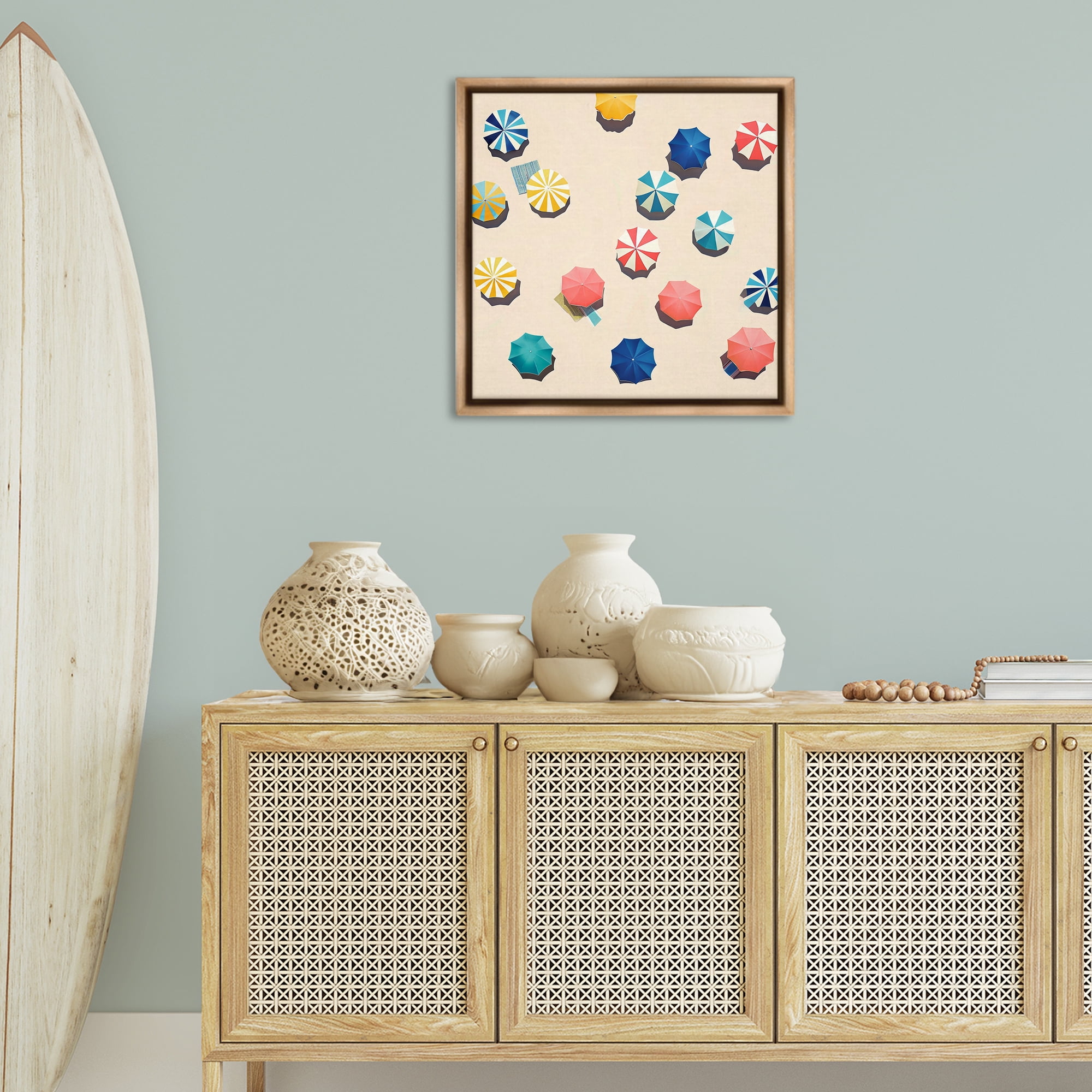 Stupell Industries Coastal Retreat Umbrellas Nautical & Beach Painting Brown Floater Framed Canvas Art Print Wall Art, 25 x 25