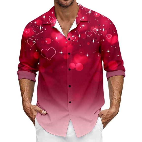 ChaoLingNeng Mens Valentines Day Shirts Love Heart Graphic Printed Casual Button Down Shirt Long Sleeve Date Night Shirts Gifts for Lover Boyfriend Comfortable Stylish Top