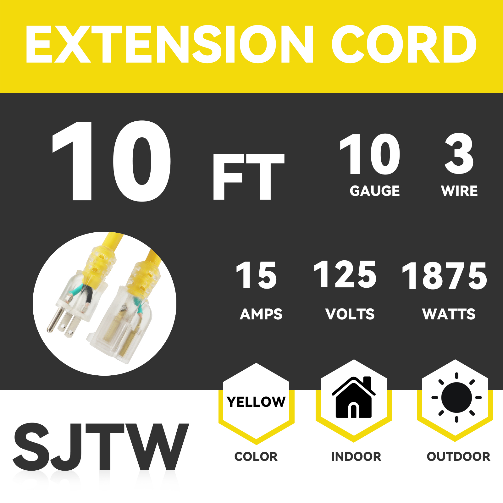 EP 10 Ft 10/3 SJTW Yellow Outdoor/Indoor Extension Cord, 10 Gauge Durable Electrical Cable