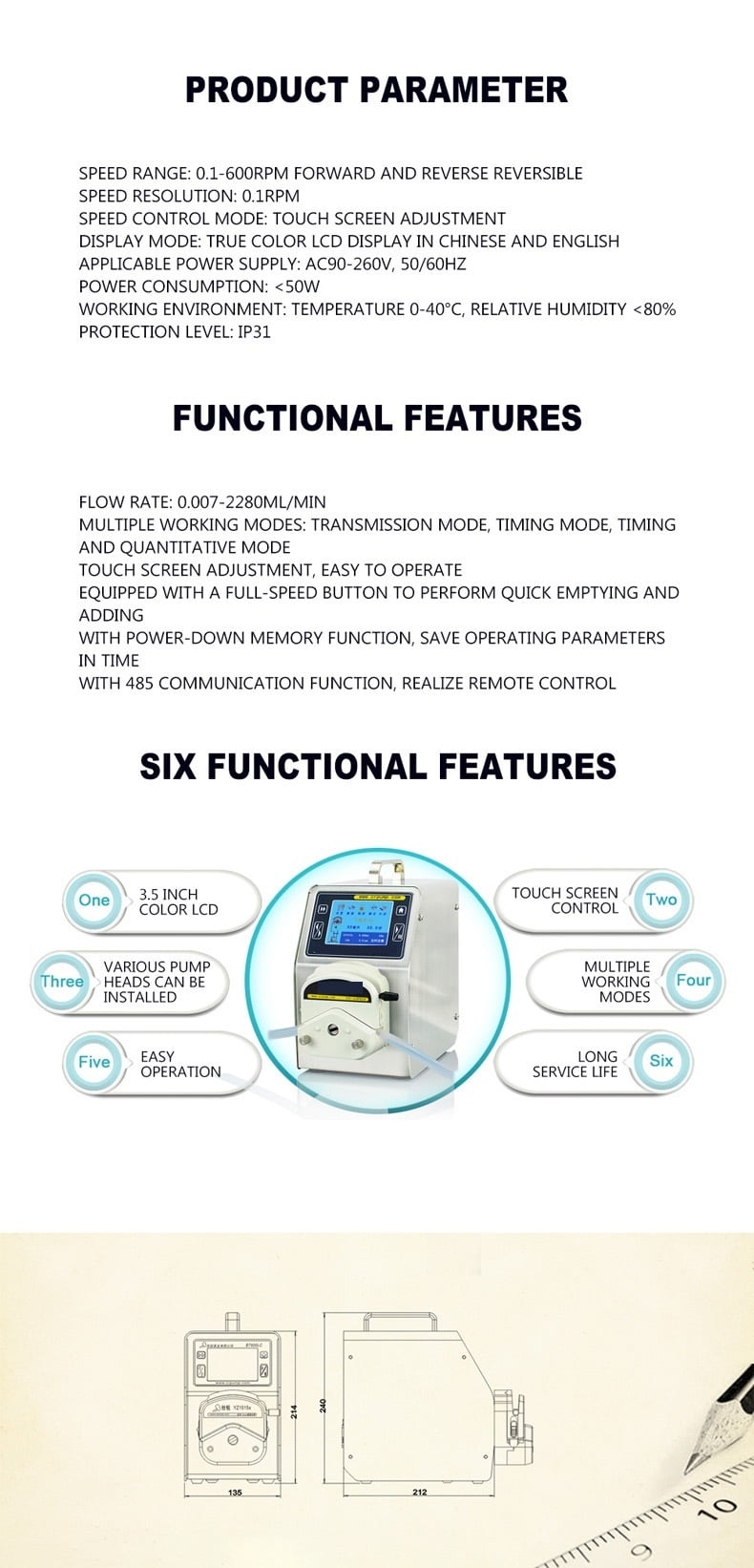 AC90-260v Laboratory Intelligent Power Off Memory Peristaltic Pump, With Silicone Tube For Biologics 0.007-2280ml/min ,Hand & Power Tool