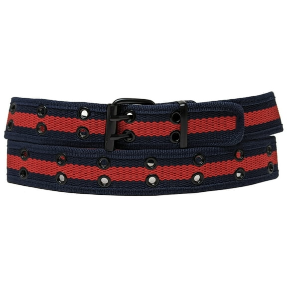 Navy / Red 2 Holes Row Metal Grommet Stitched Canvas Fabric Military Web Belt