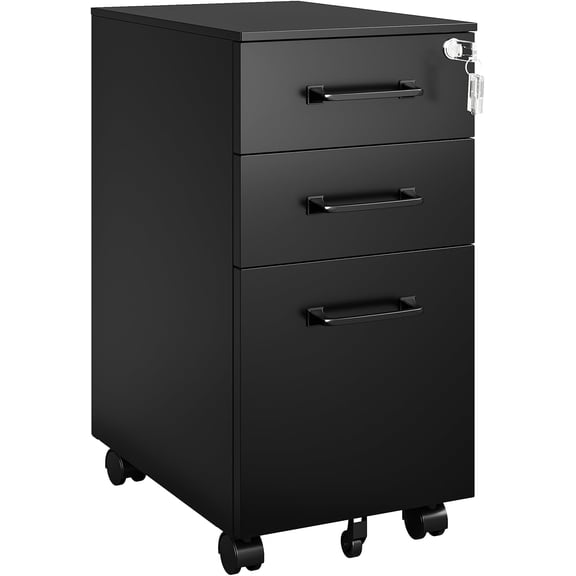 File Cabinet 3 Drawers on Wheels Under Desk, Black Metal File Cabinets with Lock for Home Office, Filing Cabinet with Lock(Un-Assembled)