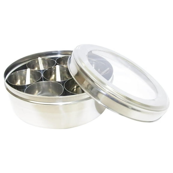 Tabakh Stainless Steel Masala Dabba/Spice Container Box with 7 Spoons - Clear Lid