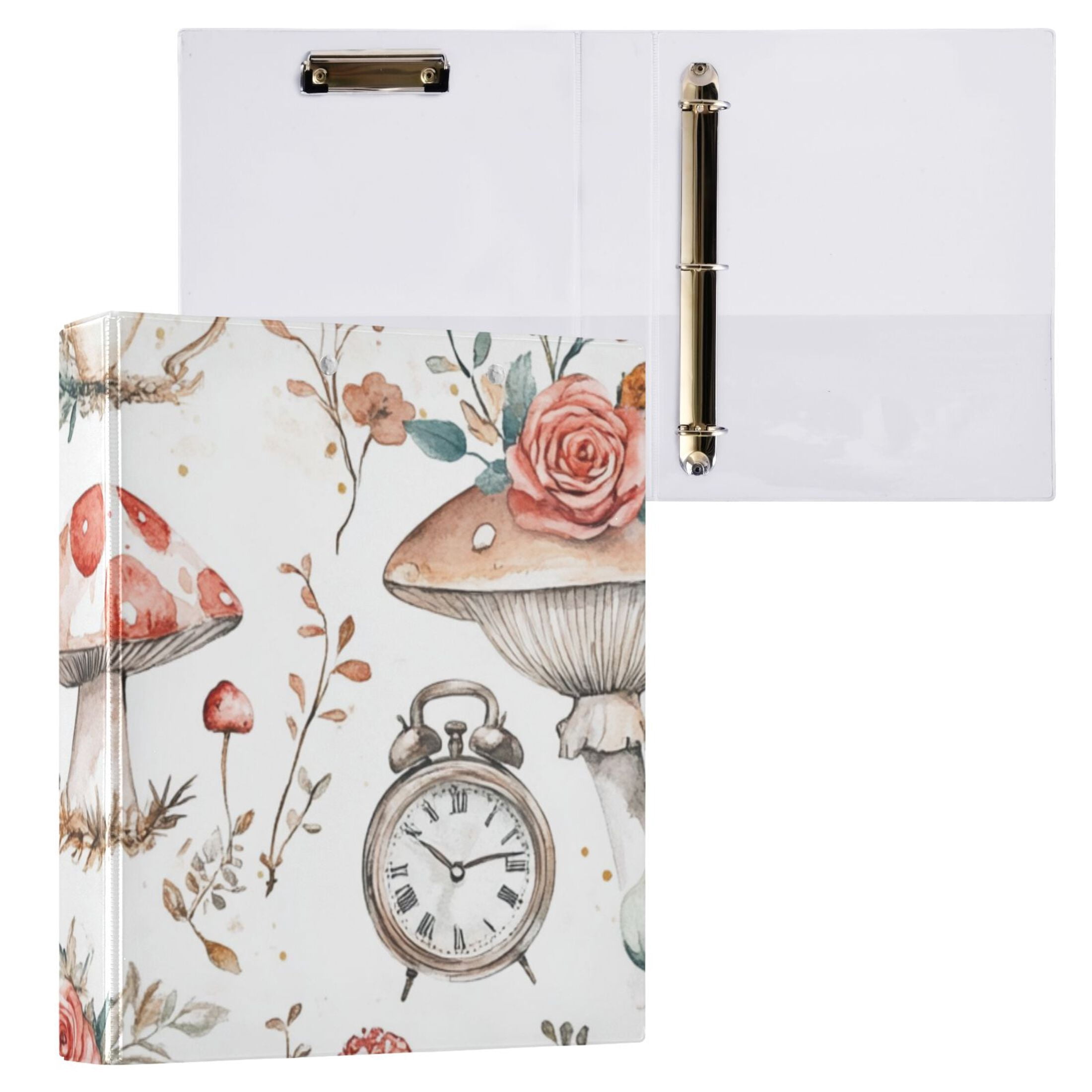 Mushrooms Roses Clocks 3 Ring Binders 1.5 inch Hardcover File Folders with Interior Pockets A4 Size Organizer for School Office Hospital Set of 2