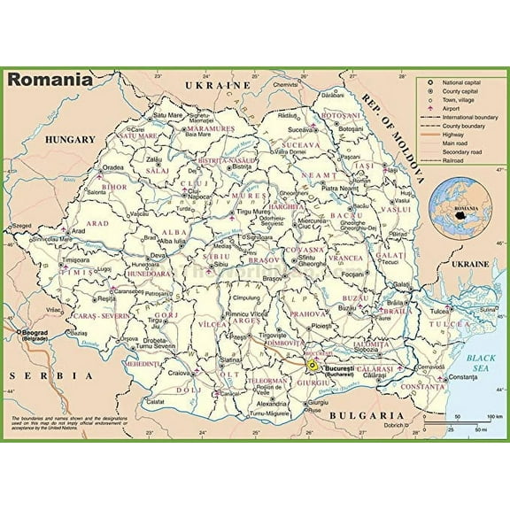 Iconic Arts Laminated 32x24 Poster: Romania Political map