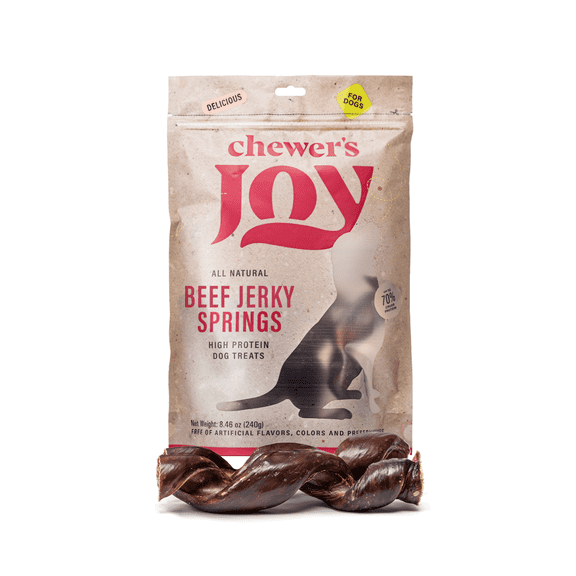 Chewer's Joy Beef Jerky Spring 7–8" (12CT) – Natural Dog Treats – Single Ingredient Long-Lasting Chews, High Protein