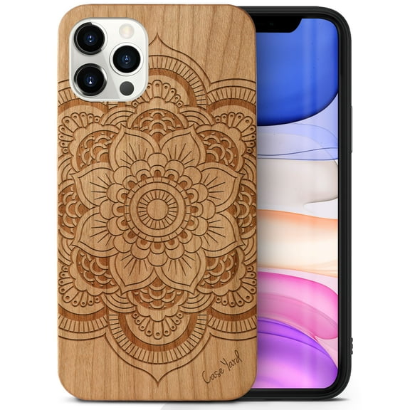 Case Yard Wooden Case Outside Soft TPU Silicone Slim Fit Shockproof Wood Protective Phone Cover for Girls Boys Men and Women Supports Wireless Charging Flower Mandala Design case for iPhone-12-Pro-Max