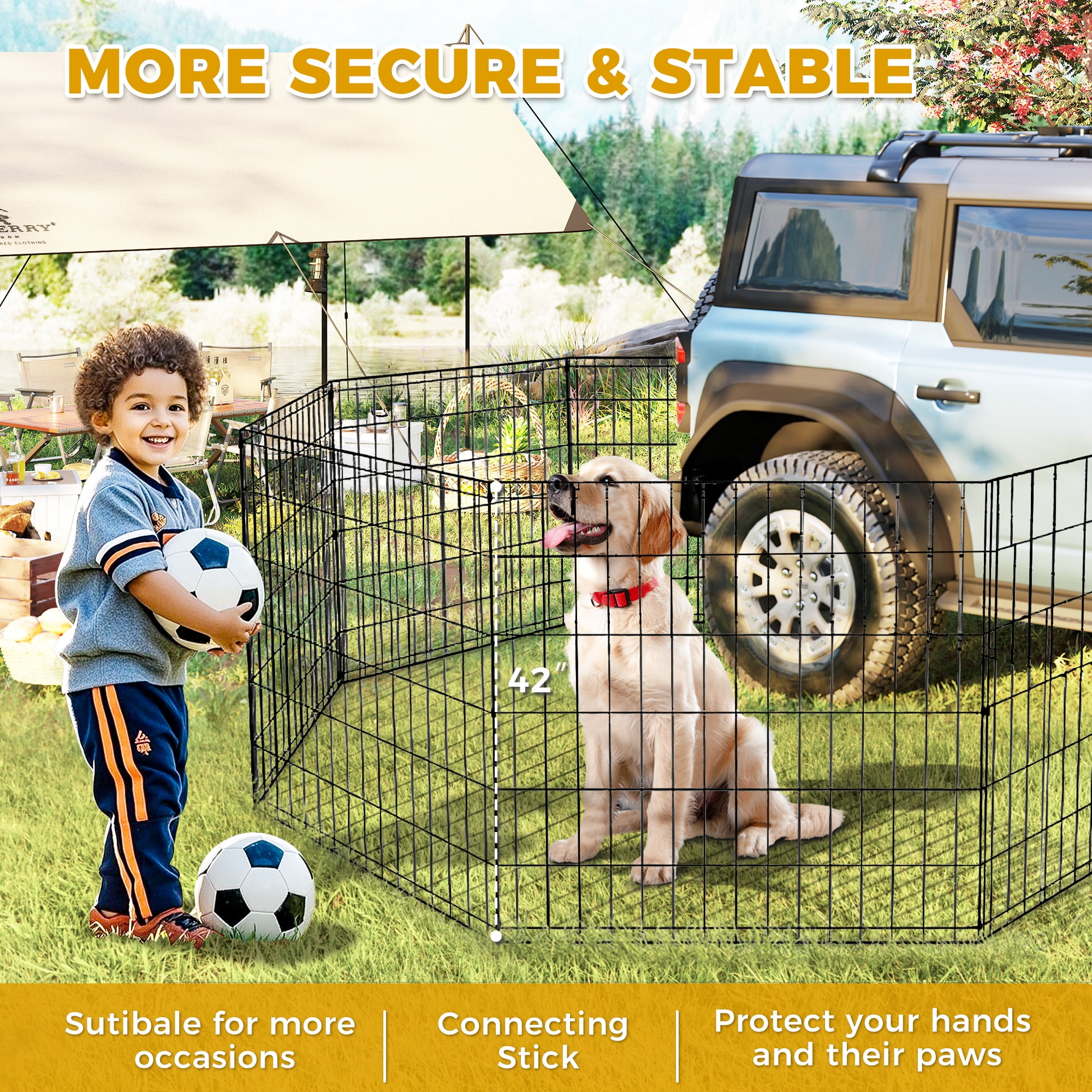 PEQULTI 42" Metal Dog Playpen 8-Panel (42" x 24") Foldable Pet Fence No Door for Indoor & Outdoor Use