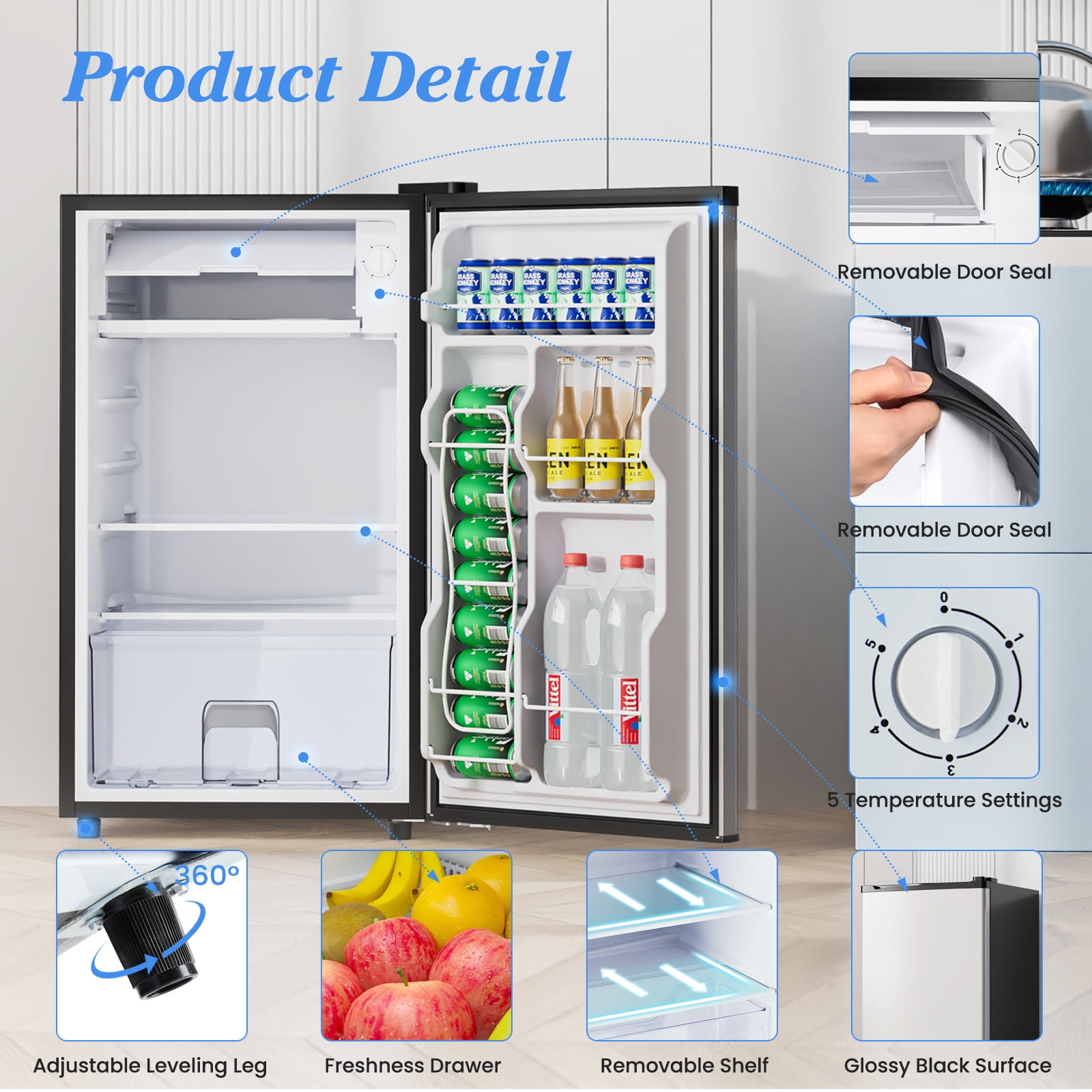 CONCETTA 3.2 Cu. ft. Single Door Mini Refrigerator with Freezer, Adjustable Thermostat Control for Dorm, Office, Apartment, Silver