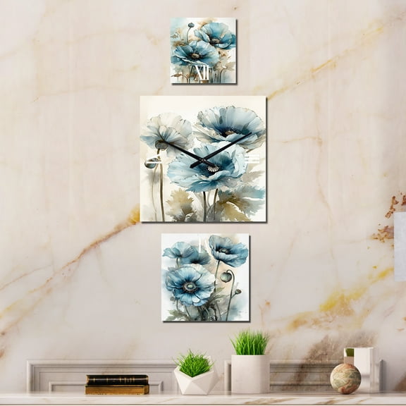 Designart "Poppy's Luminous Memory" Poppies Oversized Wall Clock - Set Of 3 - Extra large Clock For Office Décor - Large Traditional Wall Clock