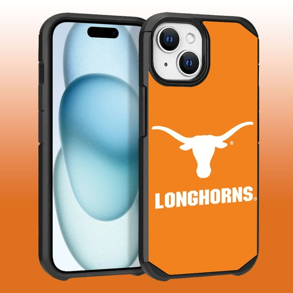 Apple iPhone 15 (6.1) / iPhone 14 (6.1) / iPhone 13 (6.1) - Licensed NCAA University of Texas at Austin Longhorns Logo on Yellow Textured Dual Layer Case