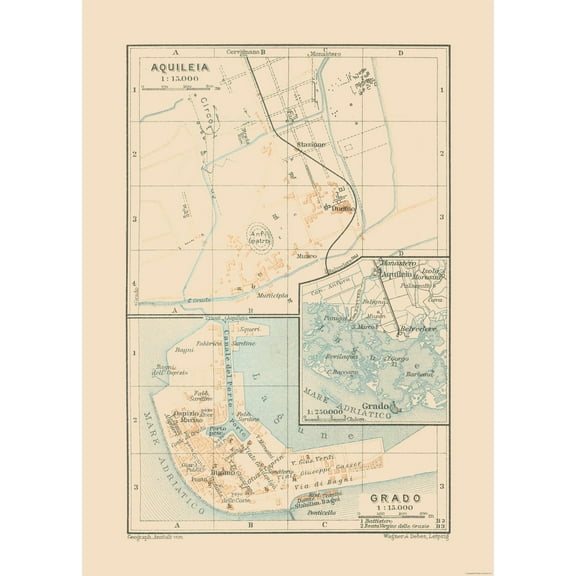 Historic Map - Aquileia Grado Italy - Baedeker 1910 - Vintage Wall Art