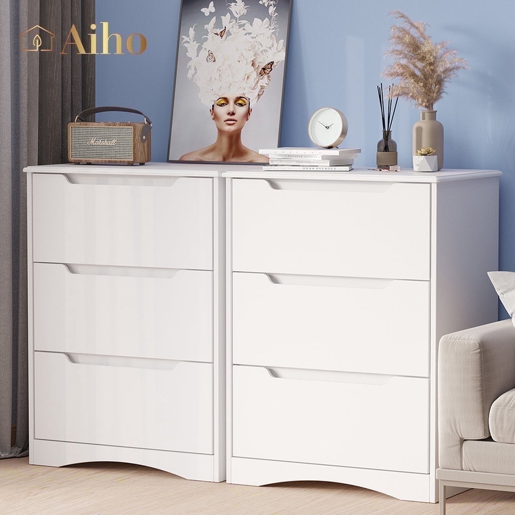 Aiho White Dresser with 3 Drawers, Wood Tall Chest, Built-in Handle Drawers for Bedroom, Home, Living Room, Hallway - White