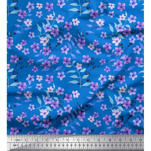Soimoi Rayon Fabric Leaves & Periwinkle Floral Decor Fabric Printed Yard 56 Inch Wide
