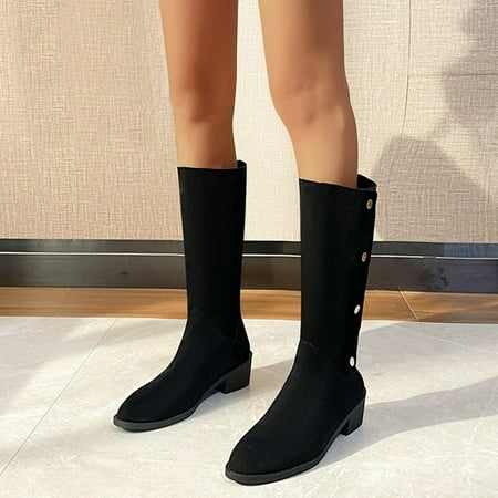

ERTUTUYI Ladies British Style Solid Color Suede Buckle Heel Fashion Long Boots Black 37