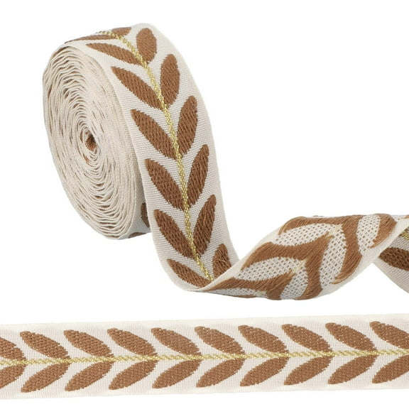 3 Yards Jacquard Ribbon Trim, 0.98 Inch Leaf Pattern Decorative Fabric Woven Embroidery Trim for Sewing Crafts, Coffee