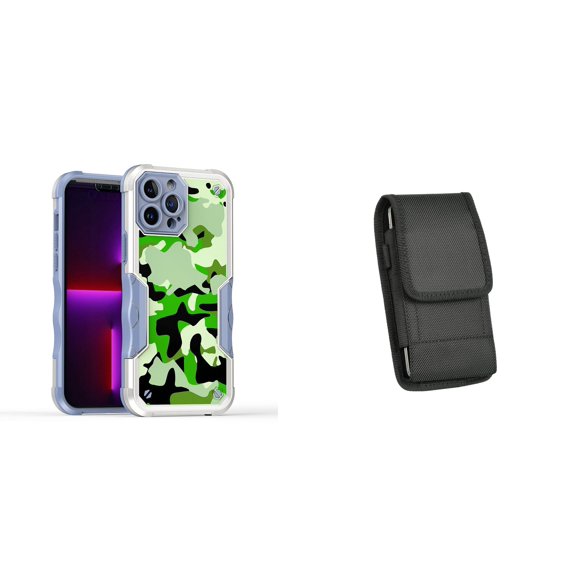 Case and Pouch Bundle for iPhone 14: Heavy Duty Armor Rugged Case (Army Green Camo) and Vertical Nylon Belt Holster