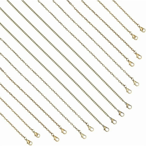 Colorful 16Pcs 4 Sizes Bronze Chains Iron Necklace Chains Set Brass Cable Chains Pack Bronze Plated Chain Unwelded Findings with Lobster Clasps for DIY Jewelry Making Accessories