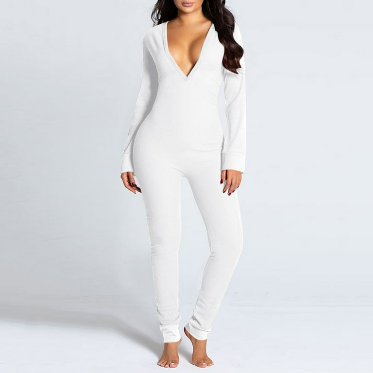 Black and Friday Deals Tarmeek Women's Sexy Deep V Neck Button-Down Butt  Flap Pajamas Solid Color Long Onesies Pajamas Stretch Long Sleeve One Piece  Sleepwear Sexy Bodycon Bodysuit Jumpsuit Rompers 