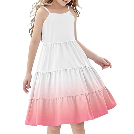 Efsteb Summer Dress for Girls Spaghetti Strap Dresses for Girls Casual Sleeveless Ruffle Tiered Sundress (Pink 13 Years)