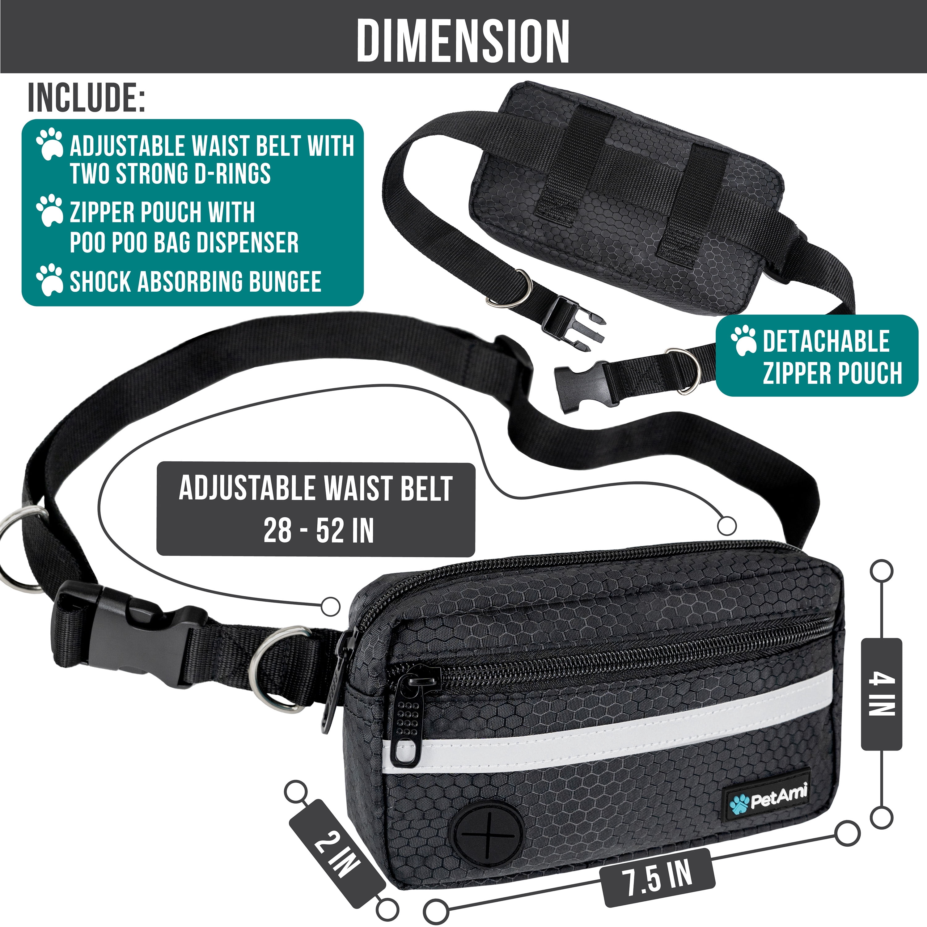 PetAmi Hands Free Dog Leash, Dog Running Leash Belt for Walking Jogging, Dog Waist Zipper Pouch Fanny Pack with Poop Bag Dispenser, Dual Padded Handle Bungee Leash for Small Medium Large Dogs, Double
