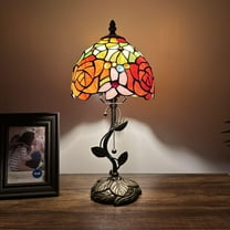 Tiffany Table Lamp Red Orange Stained Glass Rose Flowers LED Bulb Included for Living Room Bedroom Bedside 8"W*8"D*16"H