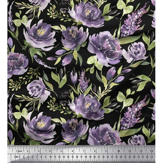 Soimoi Black Georgette Viscose Fabric Leaves & Peony Floral Print Fabric by Yard 42 Inch Wide