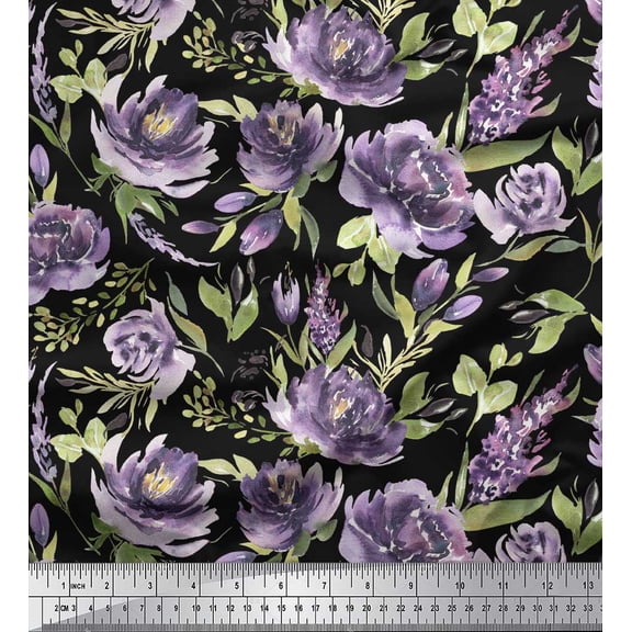 Soimoi Black Cotton Duck Fabric Leaves & Peony Floral Decor Fabric Printed Yard 42 Inch Wide