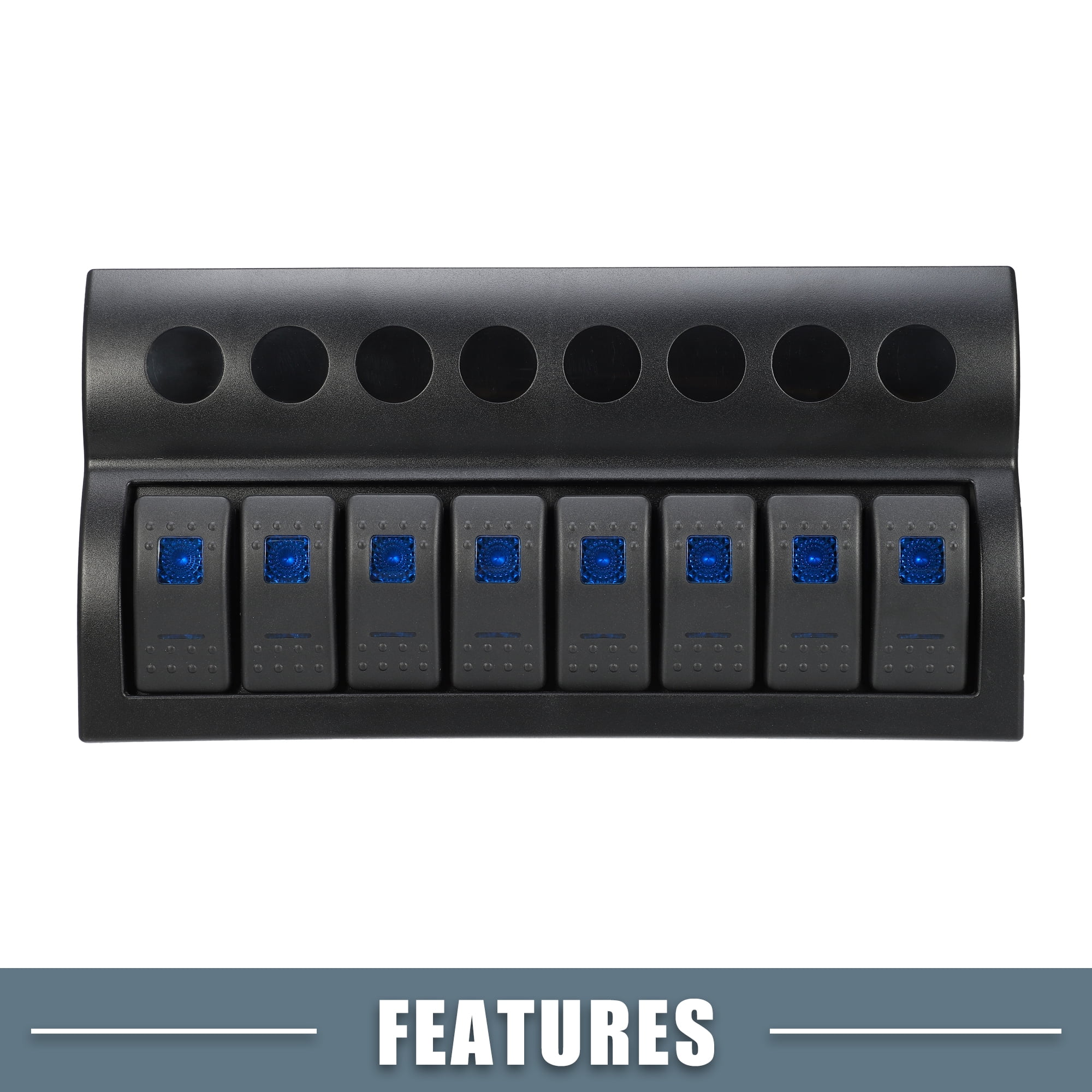 8 Gang Auto Rocker Switch Panel Waterproof 5 Pin Toggle Switch Control Blue LED Light Push Button Black