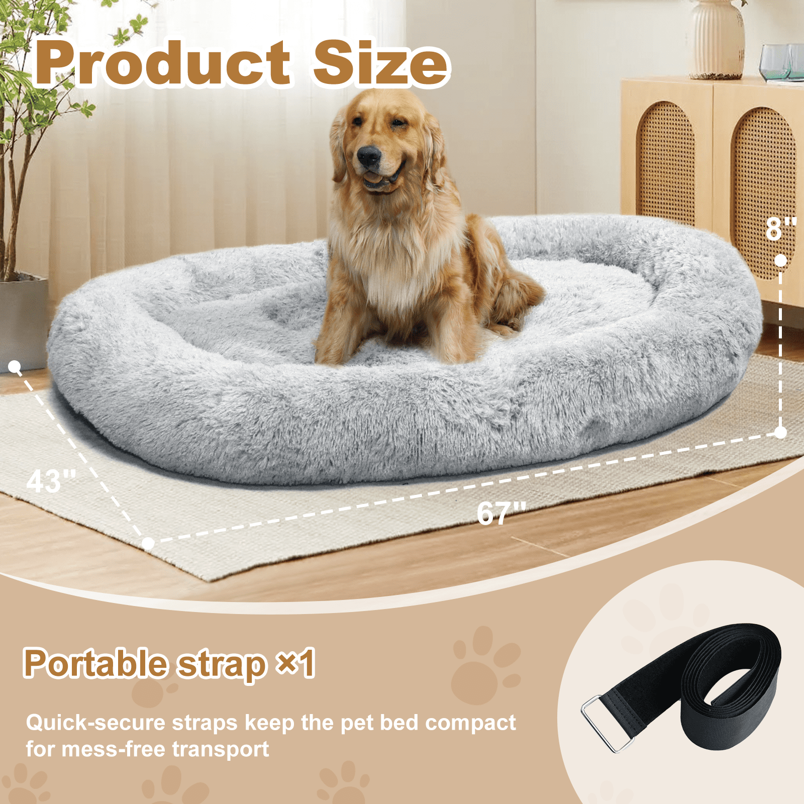 Extra Large 67" X 43" X 8" Orthopedic Pet Bed For Humans And Dogs, Plush High-Loft Mattress With Removable Handles & Non-Slip Bottom - Grey