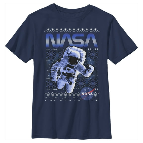 Boy's NASA Ugly Christmas Astronaut Print  Graphic Tee Navy Blue Large