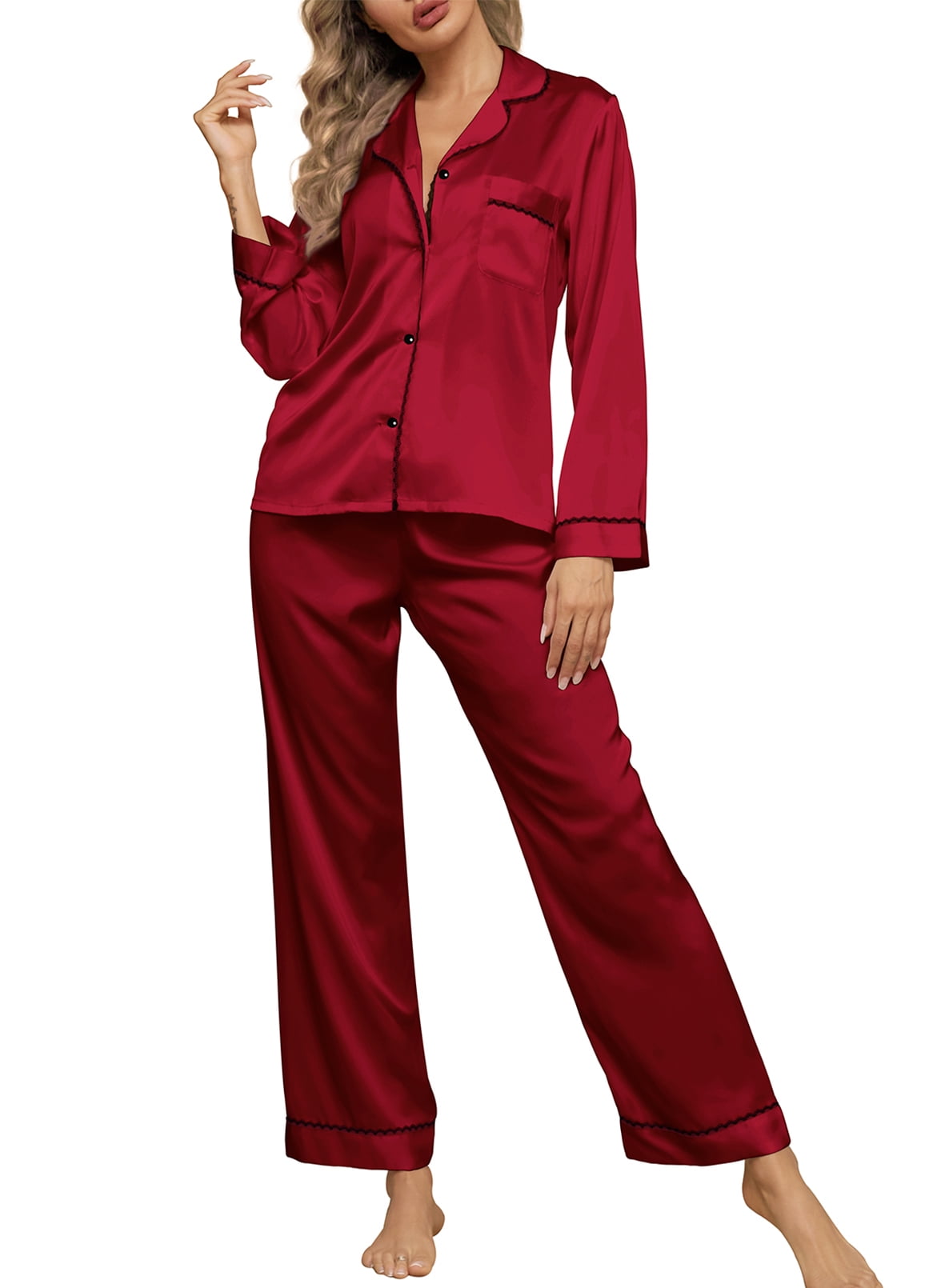 Womens Silk Satin Pajama Sets with Chest Pockets Notch Collar Two Piece Sleepwear Loungewear