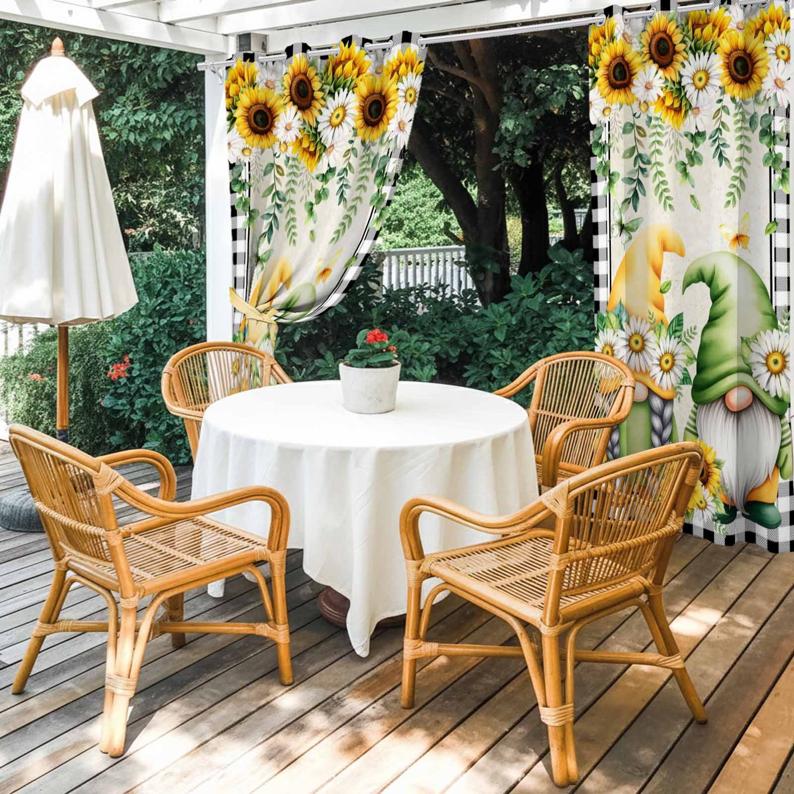 1 Panel Outdoor Curtains for Patio Waterproof 54"x95" Sunflower Gnomes Weatherproof Privacy Outsides Curtains, Spring Farmhouse Vintage Daisy Leaf Plaid Grommet Thermal Drapes for Cabana Porch