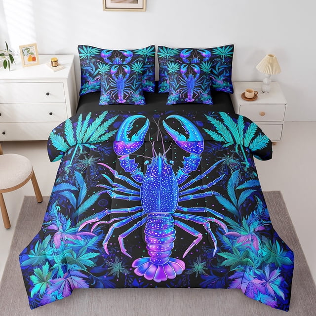 Erosebridal Literie Néon Homard Format Simple, Accessoires de Literie Feuilles Botaniques, Noir Marine, Réversible 7 Pcs