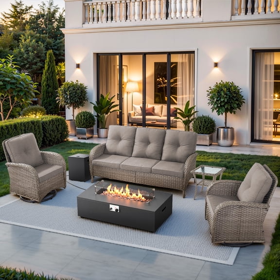 Giantfurnni 5 Pieces Patio Furniture Set with 43inch Propane Fire Pit Table, Deep Seating Sofa, 2 Swivel Rocker Glider Chairs and Side Table, Outdoor Conversation Set