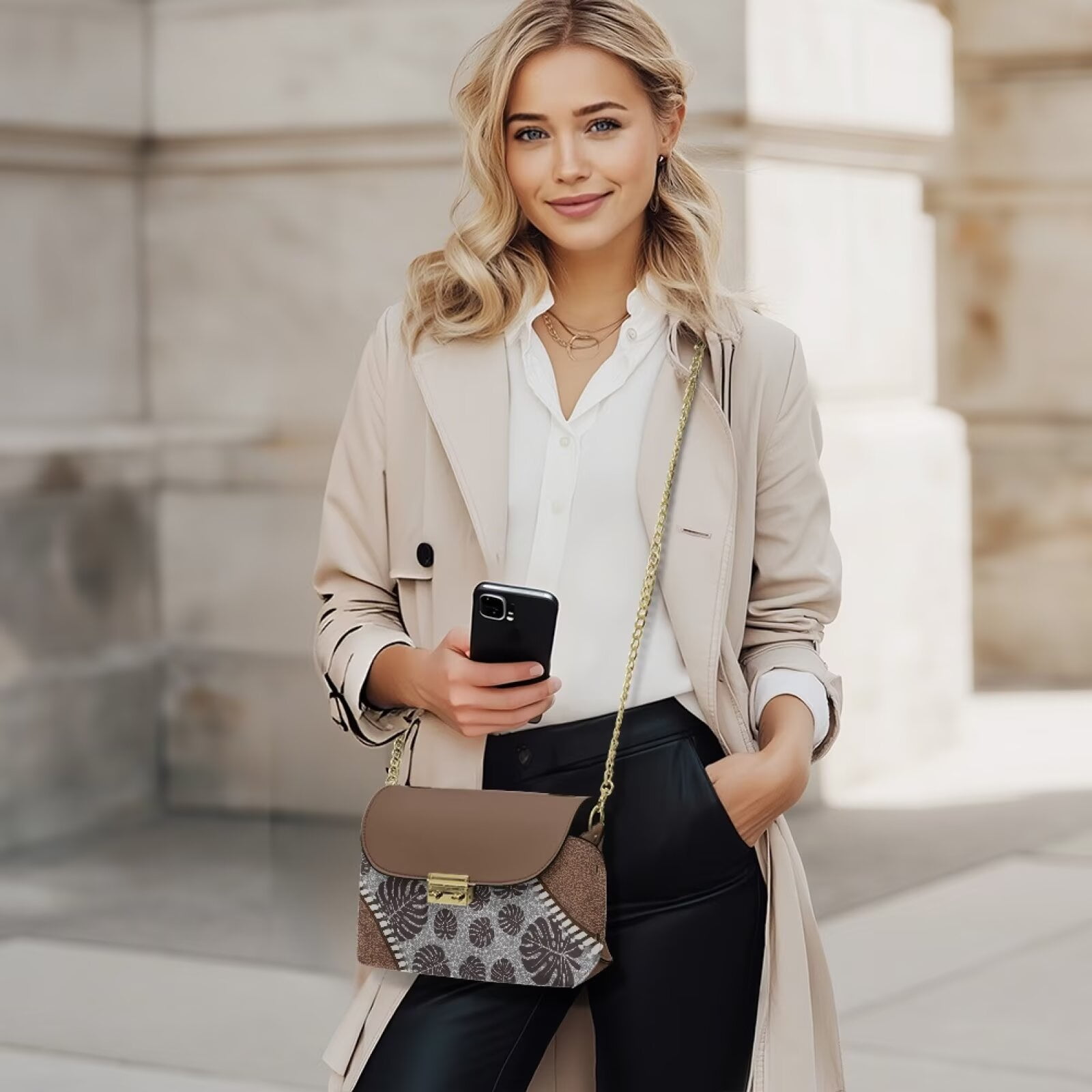 KUIFORTI Brown Leaf Crossbody Bags for Women Fashion Small Shoulder Bag Ladies Handbag Functional Casual Purse Shoulder Bags with Chain Strap for Camping Parties