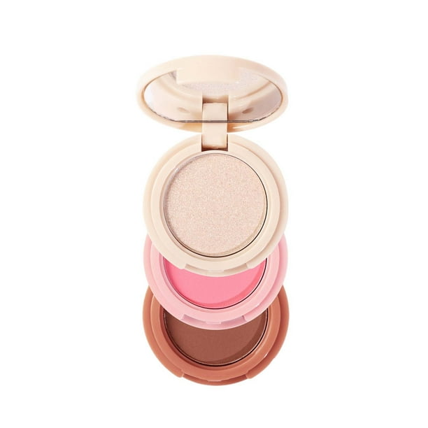 Fiudx Rubor de Alto Brillo, Base de Maquillaje 3 En 1 con Rubor Iluminador y Contorno, Polvos Finos para Una Aplicación Uniforme, Diseño Mini Portátil para Llevar, Ideal para Amantes Del Maquillaje,
