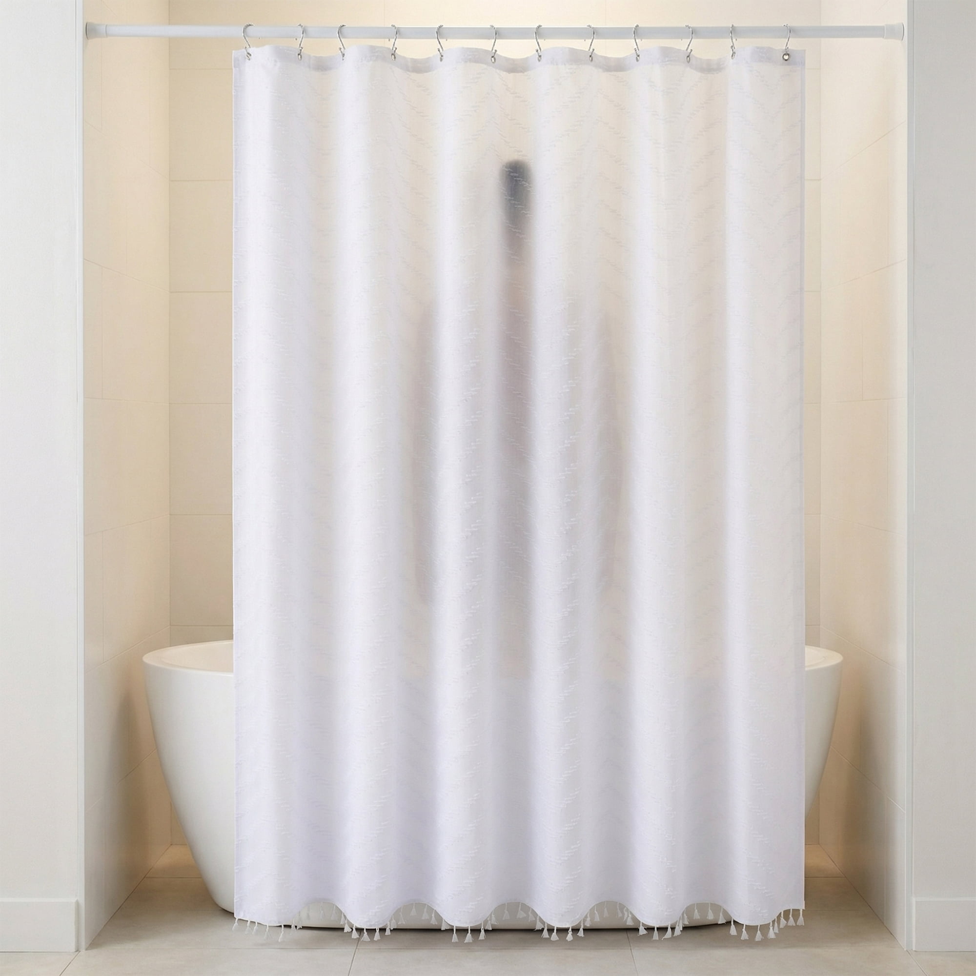 Unique Bargains Boho Wavy Striped Shower Curtain with Tassel and Hooks White 72"W x 72"L