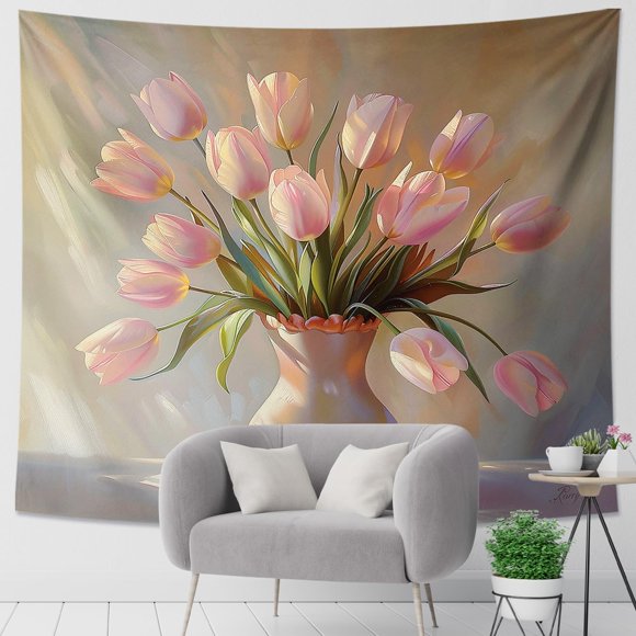 Generic Tulips Tapestry Leaves Floral Pet Painting Pretty Aesthetic Plant Pink White Polyester Backdrop Decorative Bedroom Ceiling Headboard Couch Club Tapestry One Piece 80x60 Inch