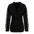 thumbnail image 6 of WREESH Womens Fashion Dressy Tops V-Neck Winter Lace Splicing Long Sleeve Waisted Solid Color Shirt Casual T-Shirt Tops Blouse Pullover Black, 6 of 8