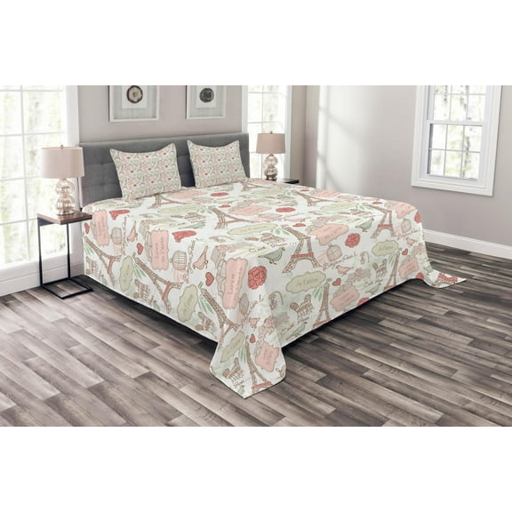 Ambesonne Paris Quilted Bedspread Set 3 Pcs, Lovers in Streets Flowers, Queen Size, Dried Rose Cream
