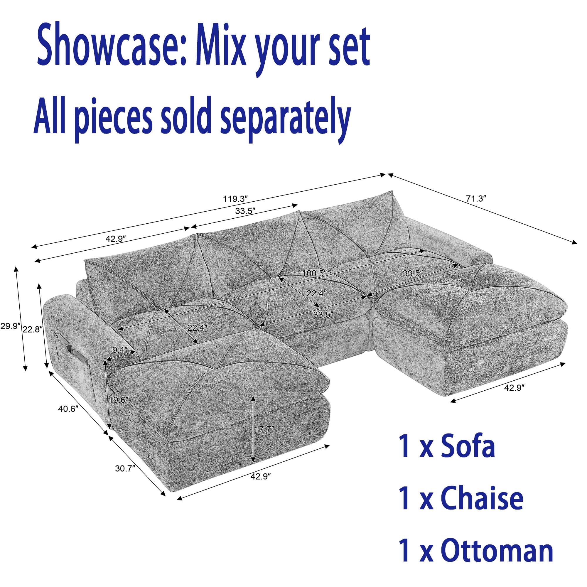 Miniyam 86" x 40" Dark Gray 2-Seater Sofa, Modular & Expandable to L-Shape or U-Shape with Optional Ottoman/Chaise