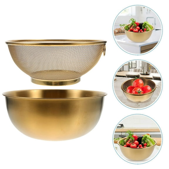 FENGGUIQU Golden Stainless Steel Fine Mesh Colander Strainer for Home Use, Ideal for Washing Fruits and Vegetables, 1 Set